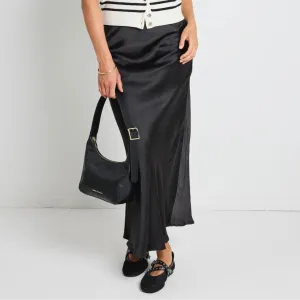 Rosette Black Satin Bias Midi Skirt