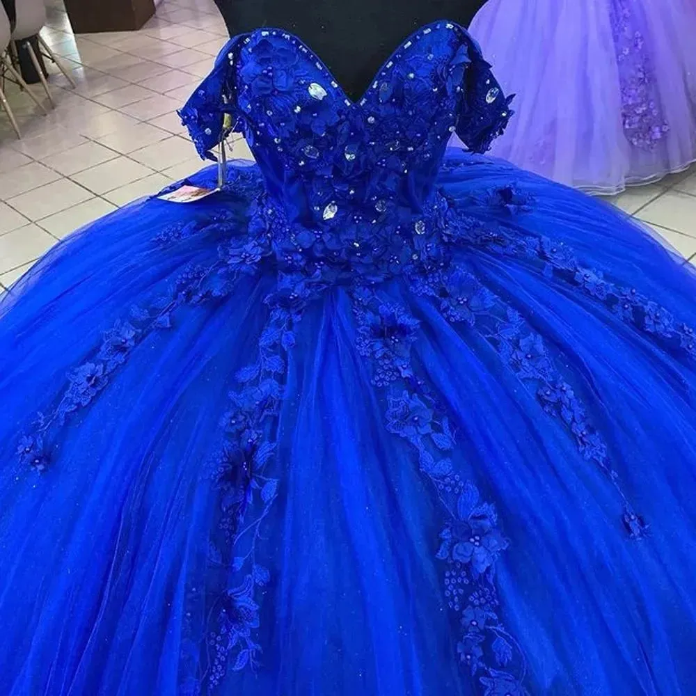Royal Blue Quinceanera Dresses Luxury Crystal 3D Flower Applique Princess Birthday Party Vestidos de 15 años Corset