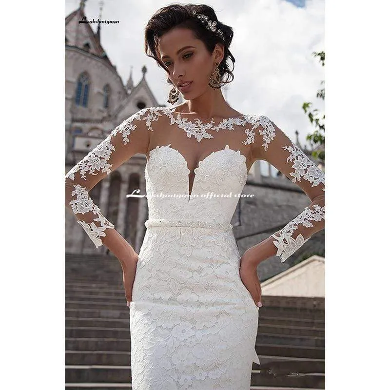 Roycebridal Wedding Dresses White Shiny Long Sleeve V Neck
