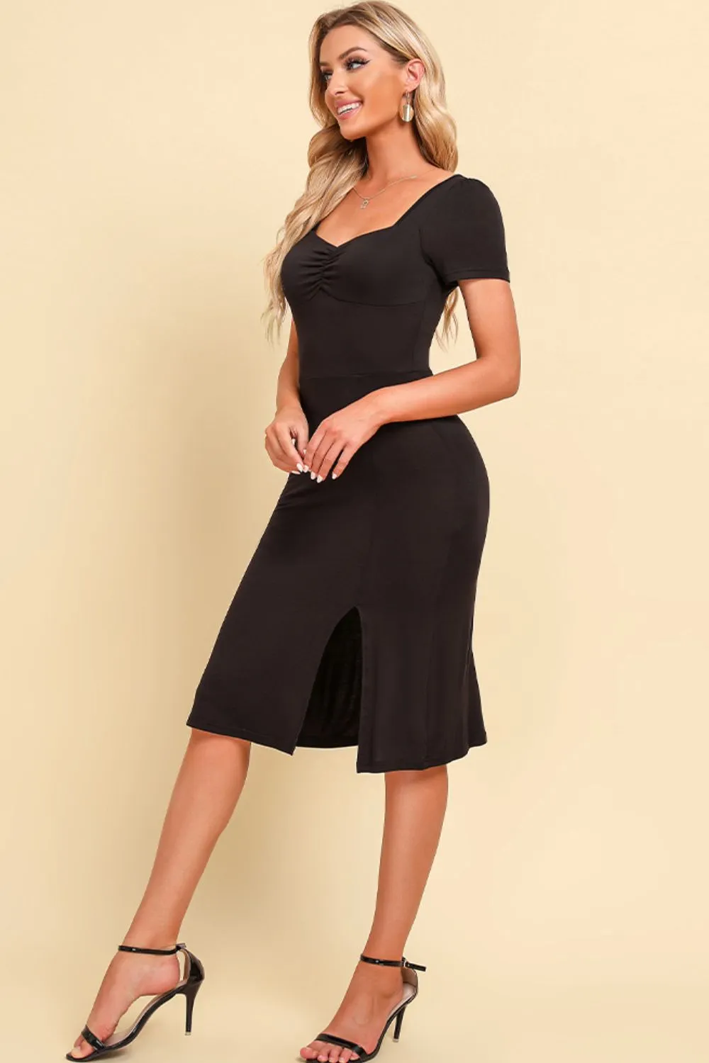 Ruched Sweetheart Neck Short Sleeve Slit Dress