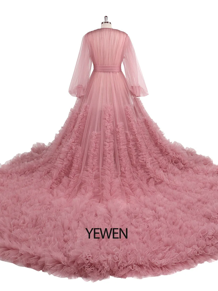 Ruffles Colored Wedding Dresses Long Train Photo Shoot Dress Props YW2115