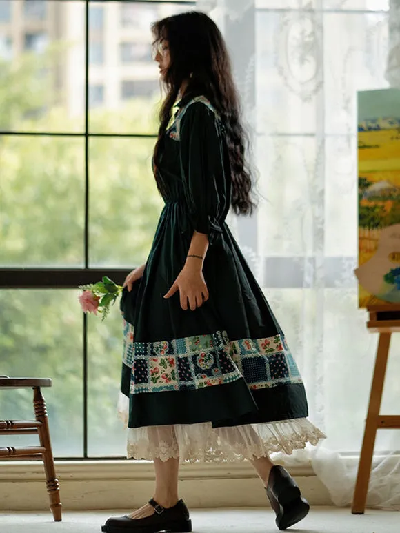 Ruffles Lolita OP Dress Dark Green Floral Print 3/4 Length Sleeves Lolita One Piece Dresses