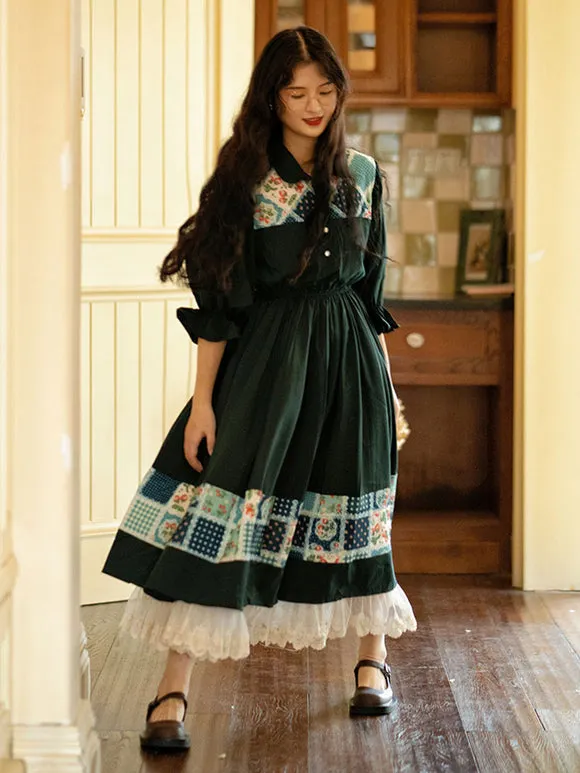 Ruffles Lolita OP Dress Dark Green Floral Print 3/4 Length Sleeves Lolita One Piece Dresses