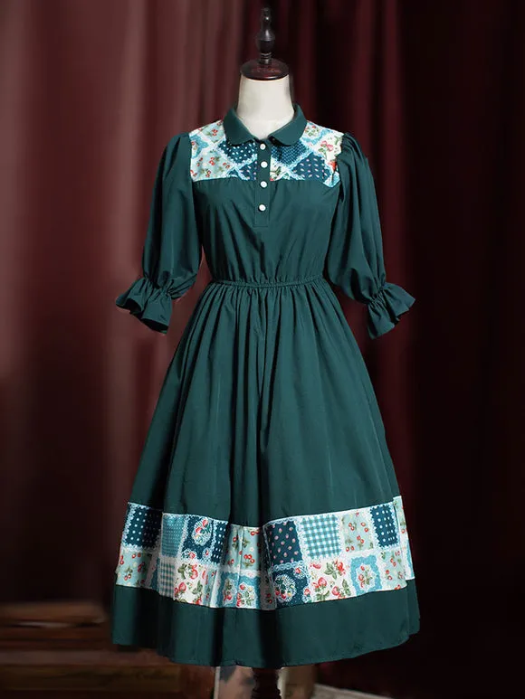 Ruffles Lolita OP Dress Dark Green Floral Print 3/4 Length Sleeves Lolita One Piece Dresses