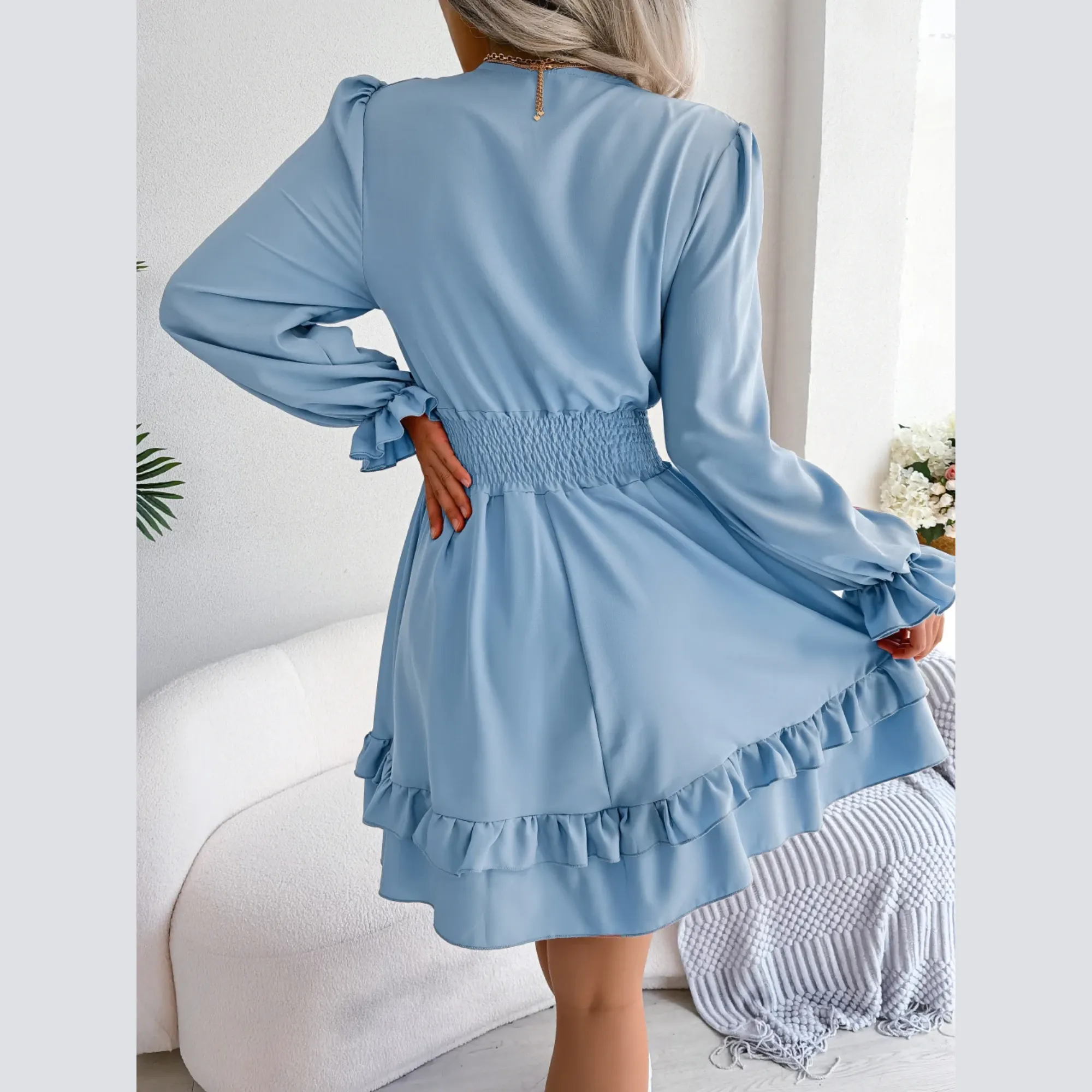 Sadie -  Blue Smocked Waist Ruffle Mini Dress