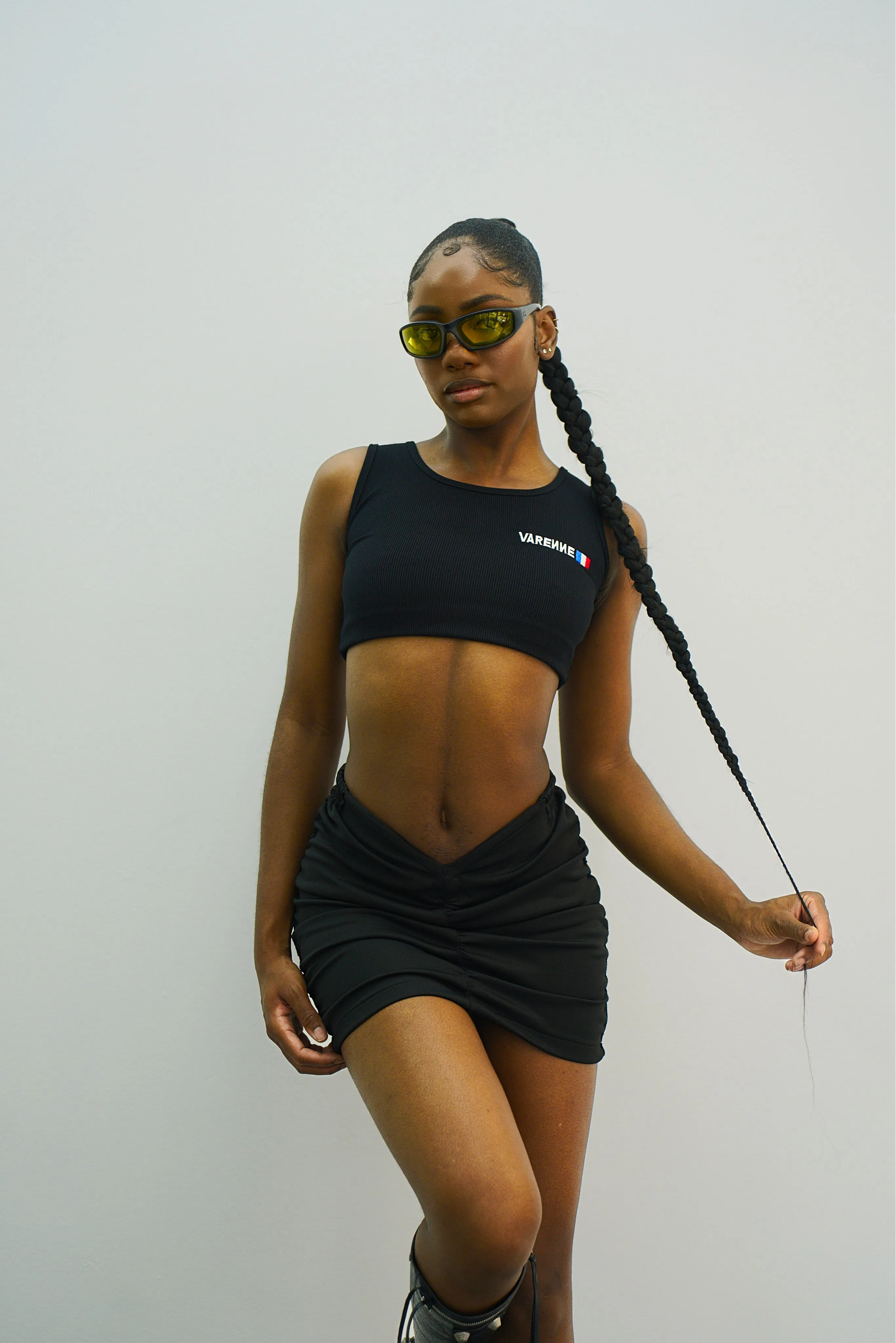 [SAMPLE SALE] V Cut Ruched Black Mini Skirt