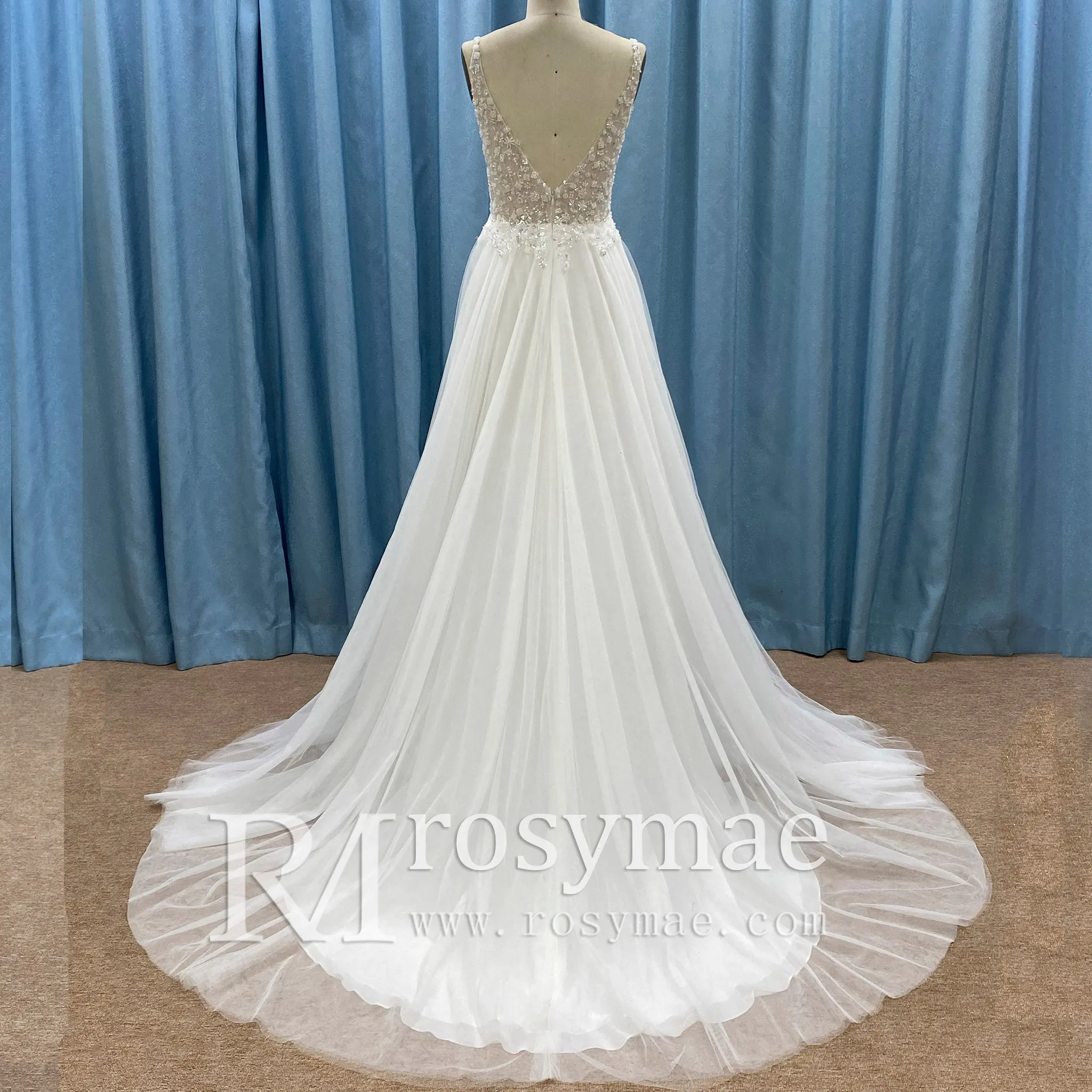 Sexy Deep Plunge A-line Wedding Dress Beaded Crystals with Tank Sleeve
