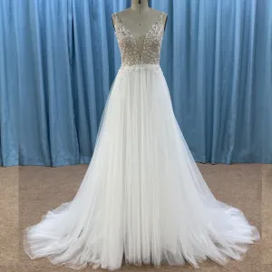 Sexy Deep Plunge A-line Wedding Dress Beaded Crystals with Tank Sleeve
