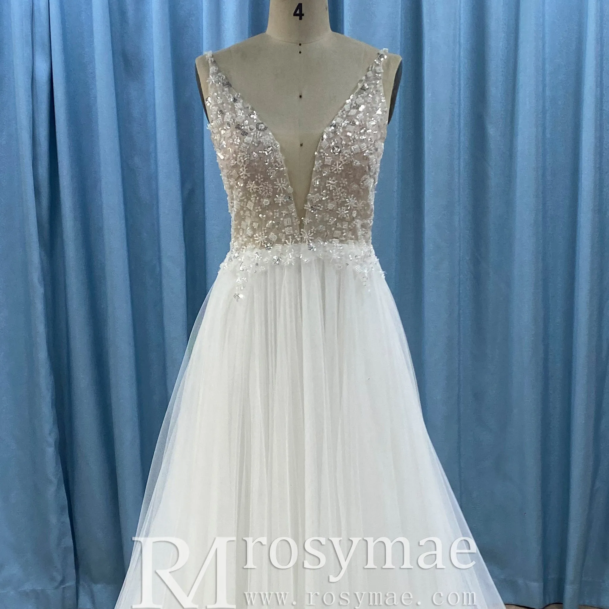 Sexy Deep Plunge A-line Wedding Dress Beaded Crystals with Tank Sleeve