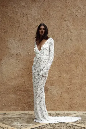 Sexy Deep V-neck Weeding Dress Appliques Pearls Bride Robe Graceful Floor-length Bridal Dresses Vestidos De Novia