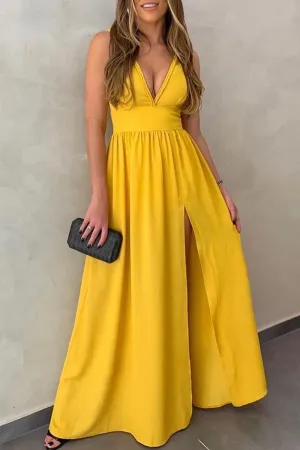 Sexy Solid Slit V Neck Sling Dresses