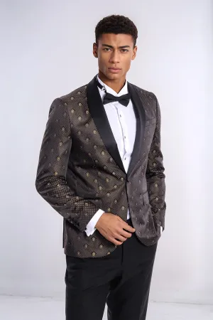 Shawl Lapel Gold Dot Patterned Over Black Men Tuxedo Blazer - Wessi