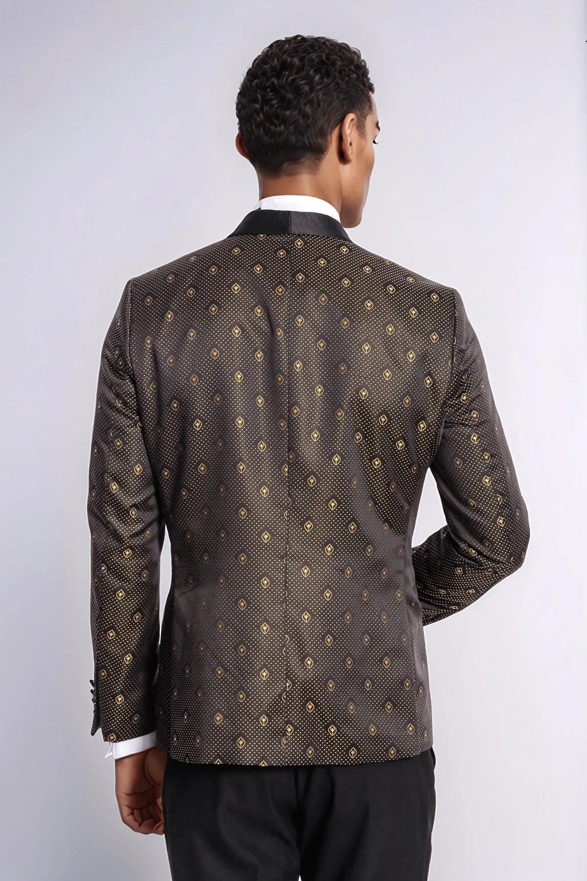 Shawl Lapel Gold Dot Patterned Over Black Men Tuxedo Blazer - Wessi