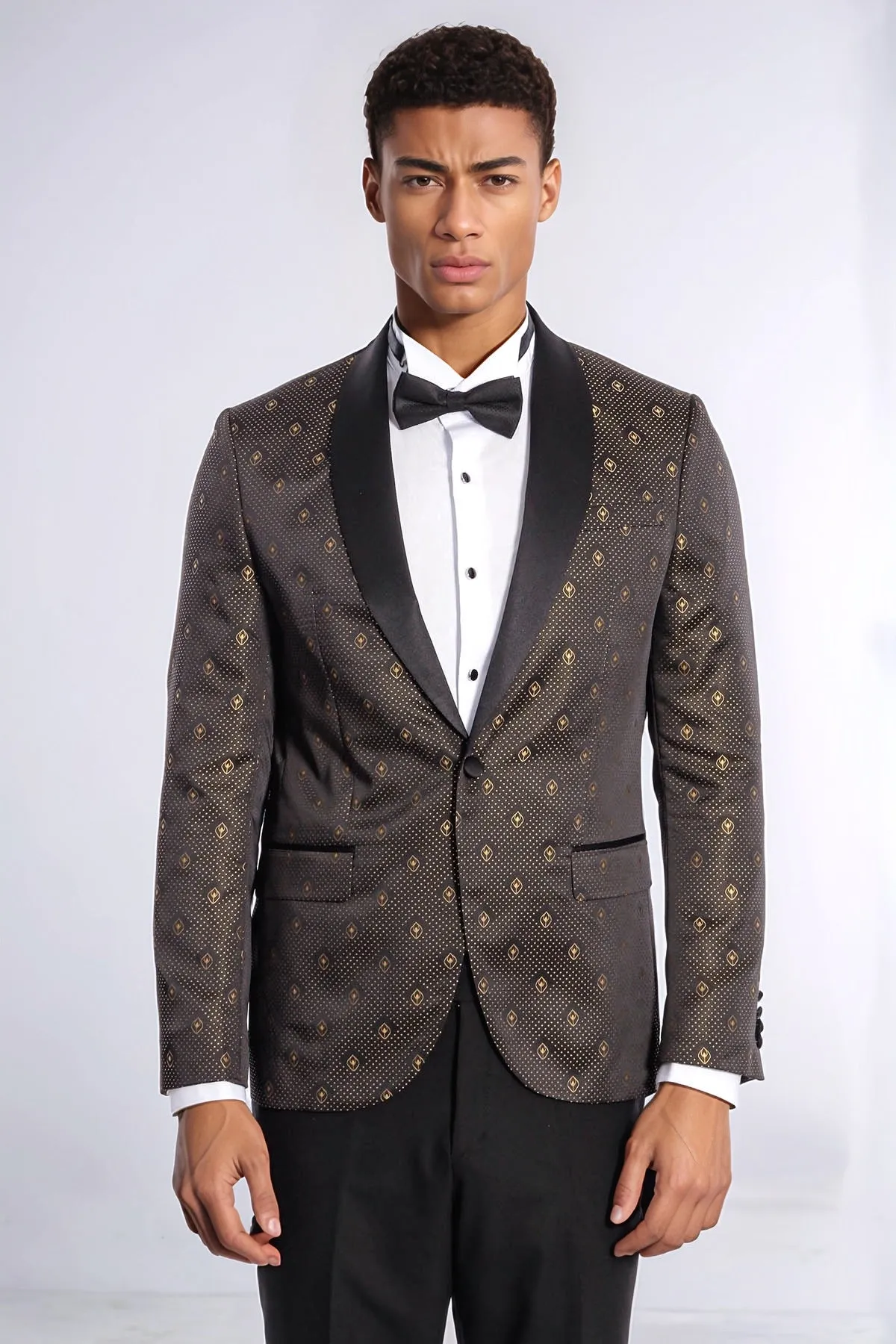 Shawl Lapel Gold Dot Patterned Over Black Men Tuxedo Blazer - Wessi