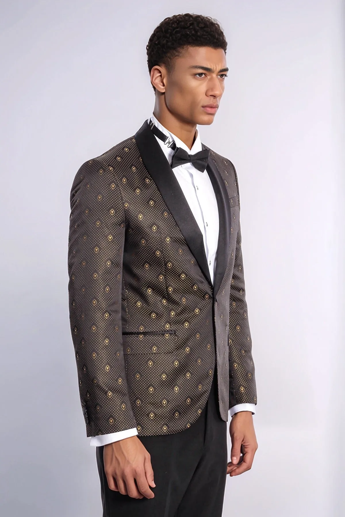 Shawl Lapel Gold Dot Patterned Over Black Men Tuxedo Blazer - Wessi