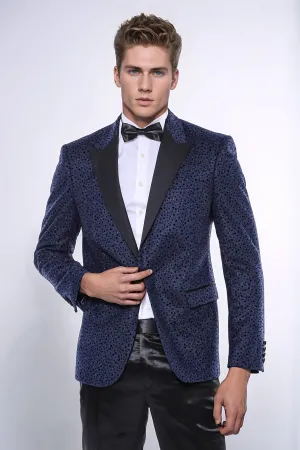 Shiny Dot Patterned Navy Blue Men Prom Blazer - Wessi