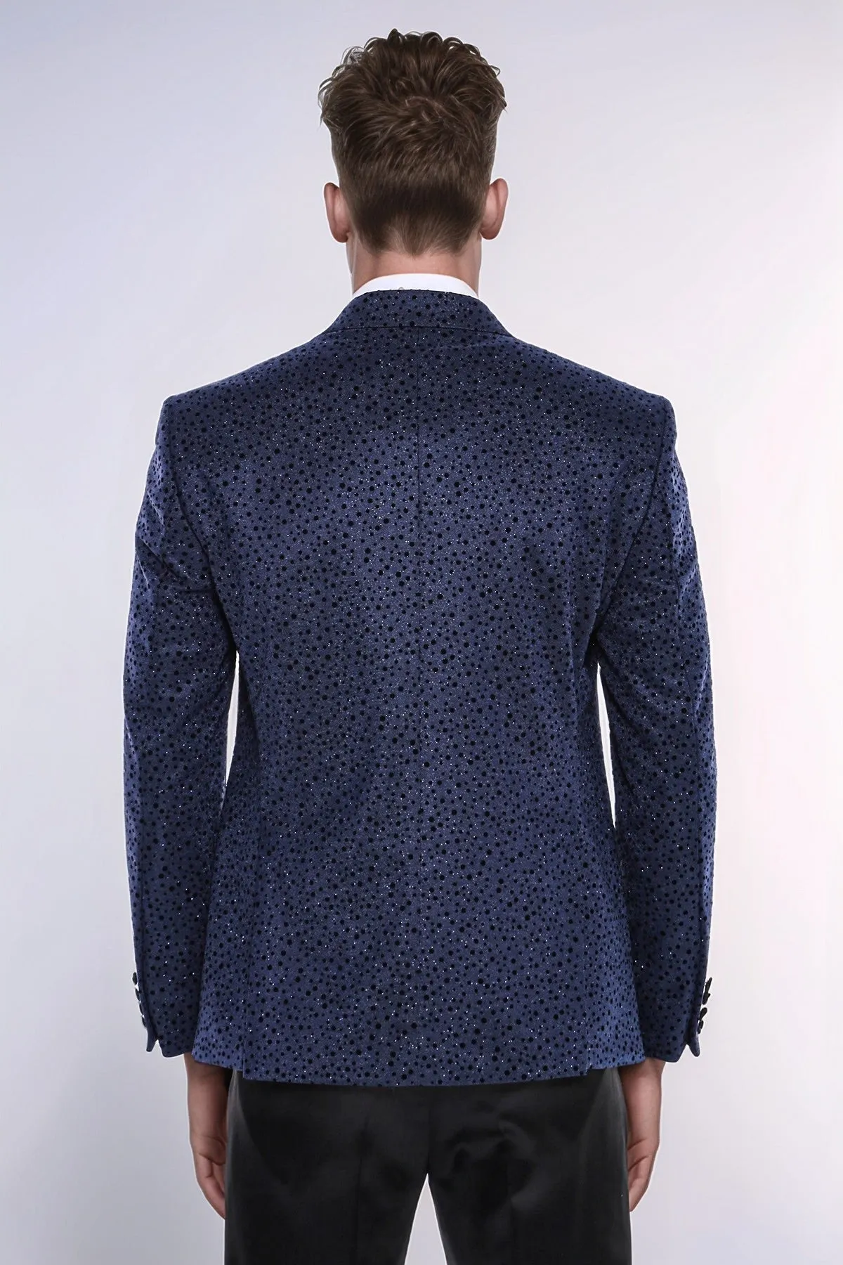 Shiny Dot Patterned Navy Blue Men Prom Blazer - Wessi