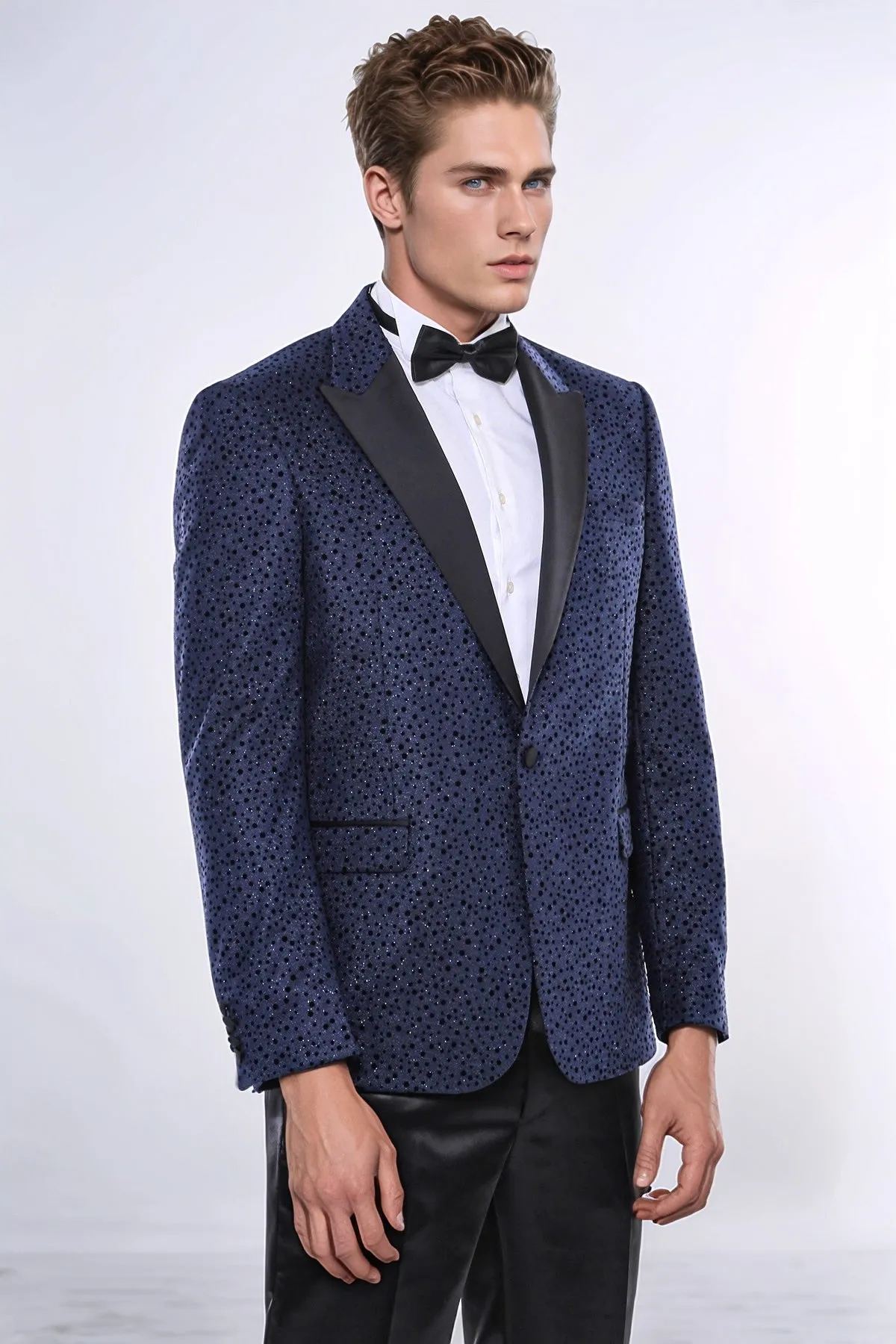 Shiny Dot Patterned Navy Blue Men Prom Blazer - Wessi