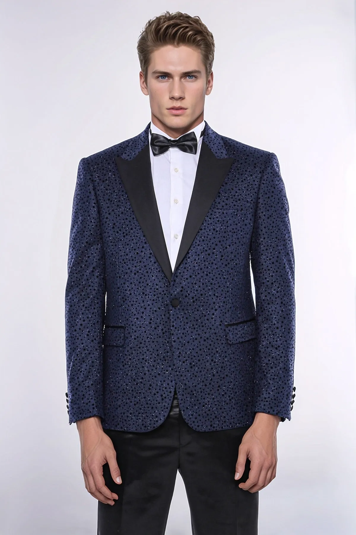 Shiny Dot Patterned Navy Blue Men Prom Blazer - Wessi