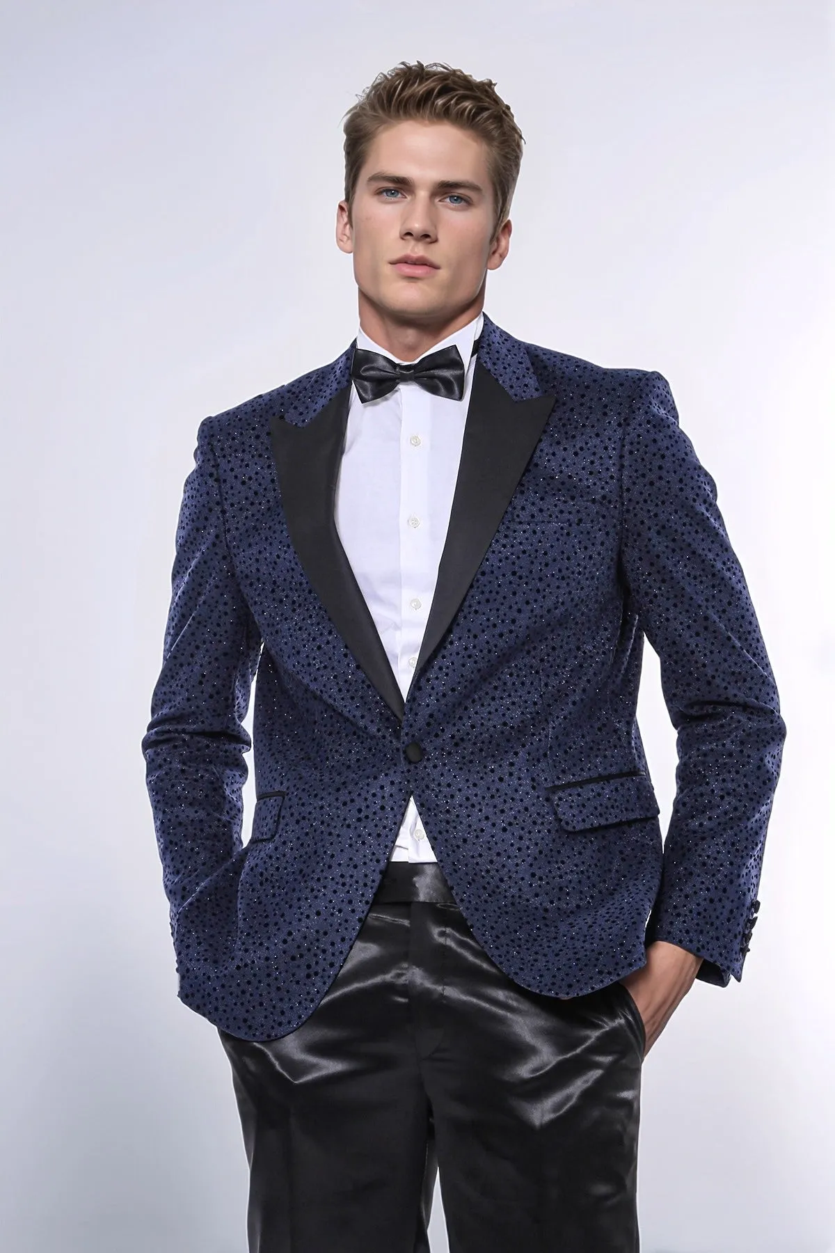 Shiny Dot Patterned Navy Blue Men Prom Blazer - Wessi