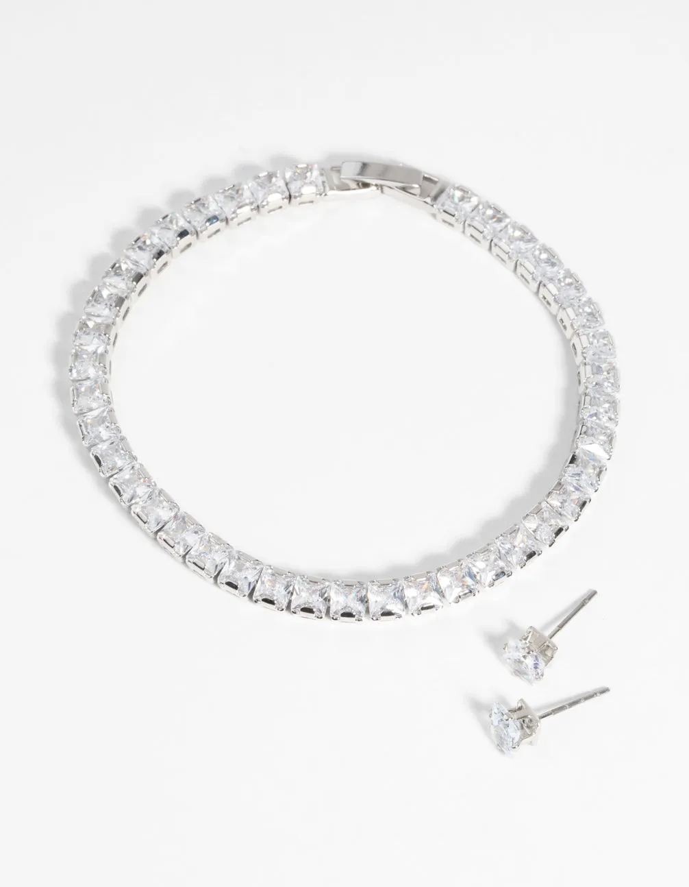 Silver Square Diamond Simulant Bracelet & Earrings Set