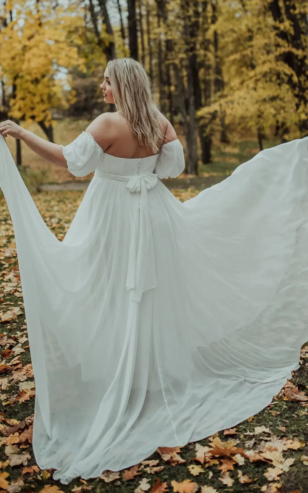 Simple A Line Chiffon Off-the-shoulder Pull Wedding Dress with Bow-716120