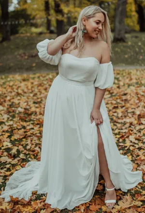 Simple A Line Chiffon Off-the-shoulder Pull Wedding Dress with Bow-716120