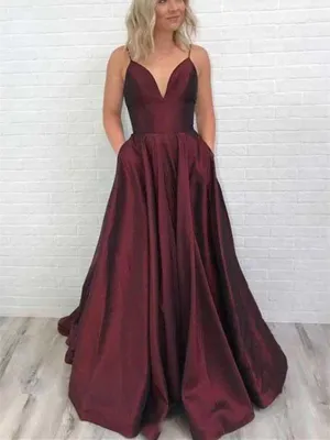 Simple A Line V Neck Burgundy Satin Prom Dresses With Train, Spaghetti Straps Burgundy Formal Evening Dresses