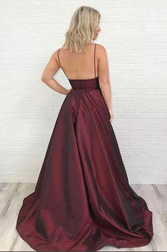 Simple A Line V Neck Burgundy Satin Prom Dresses With Train, Spaghetti Straps Burgundy Formal Evening Dresses