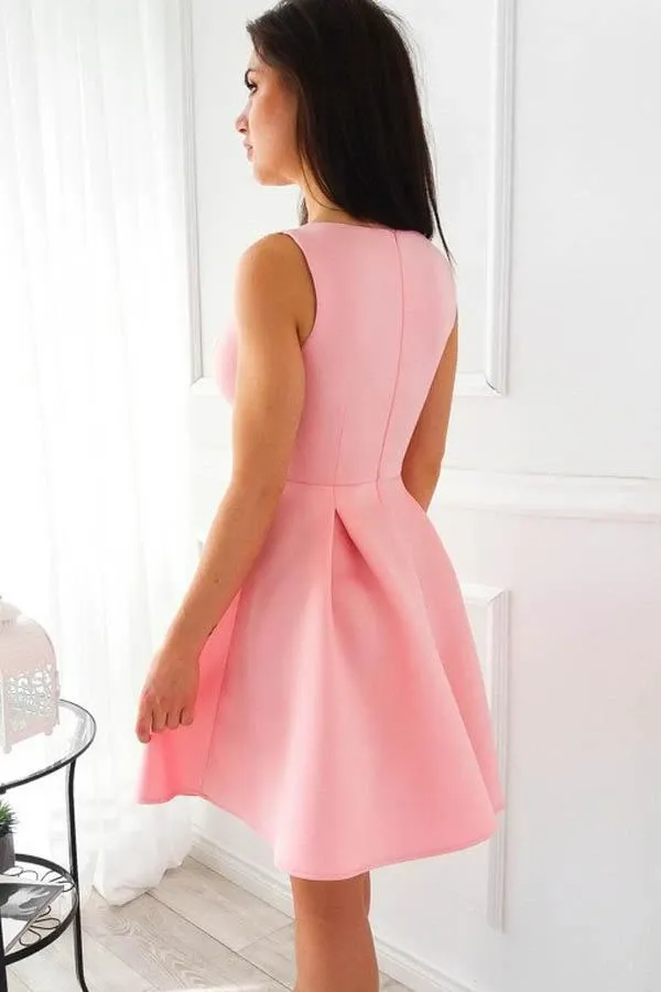 Simple Pink Satin Short Prom Dresses, Short Pink Satin Formal Evening Homecoming Dresses