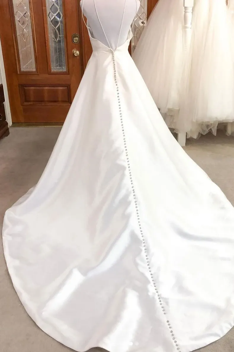 Simple V Neck White Satin  Prom Dresses, V Neck White Satin Long Wedding Dresses, White Bridal Dresses