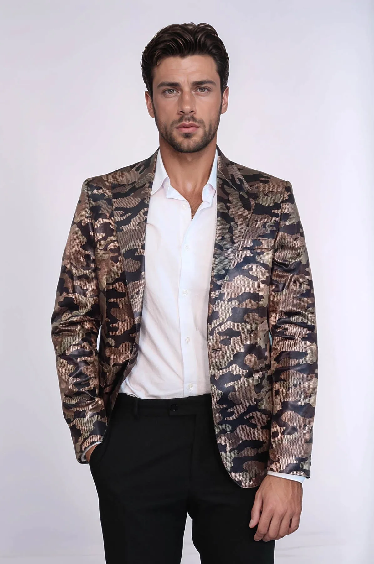 Single Button Camouflage Brown Jacket-Wessi