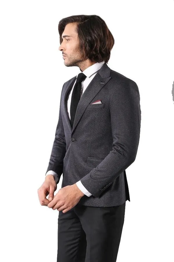 Single Button Double Vent Pointed Collar Navy Blue Blazer - Wessi
