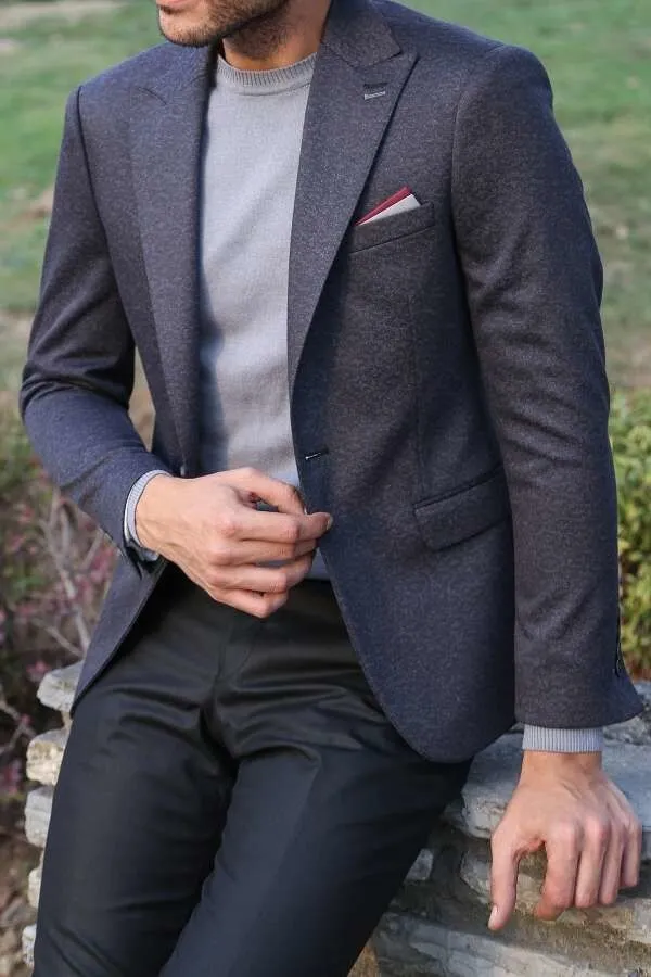 Single Button Double Vent Pointed Collar Navy Blue Blazer - Wessi
