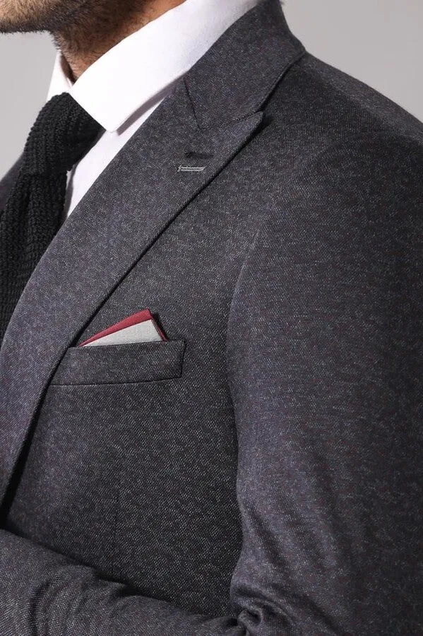 Single Button Double Vent Pointed Collar Navy Blue Blazer - Wessi