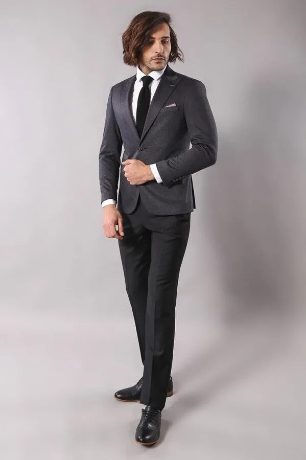 Single Button Double Vent Pointed Collar Navy Blue Blazer - Wessi