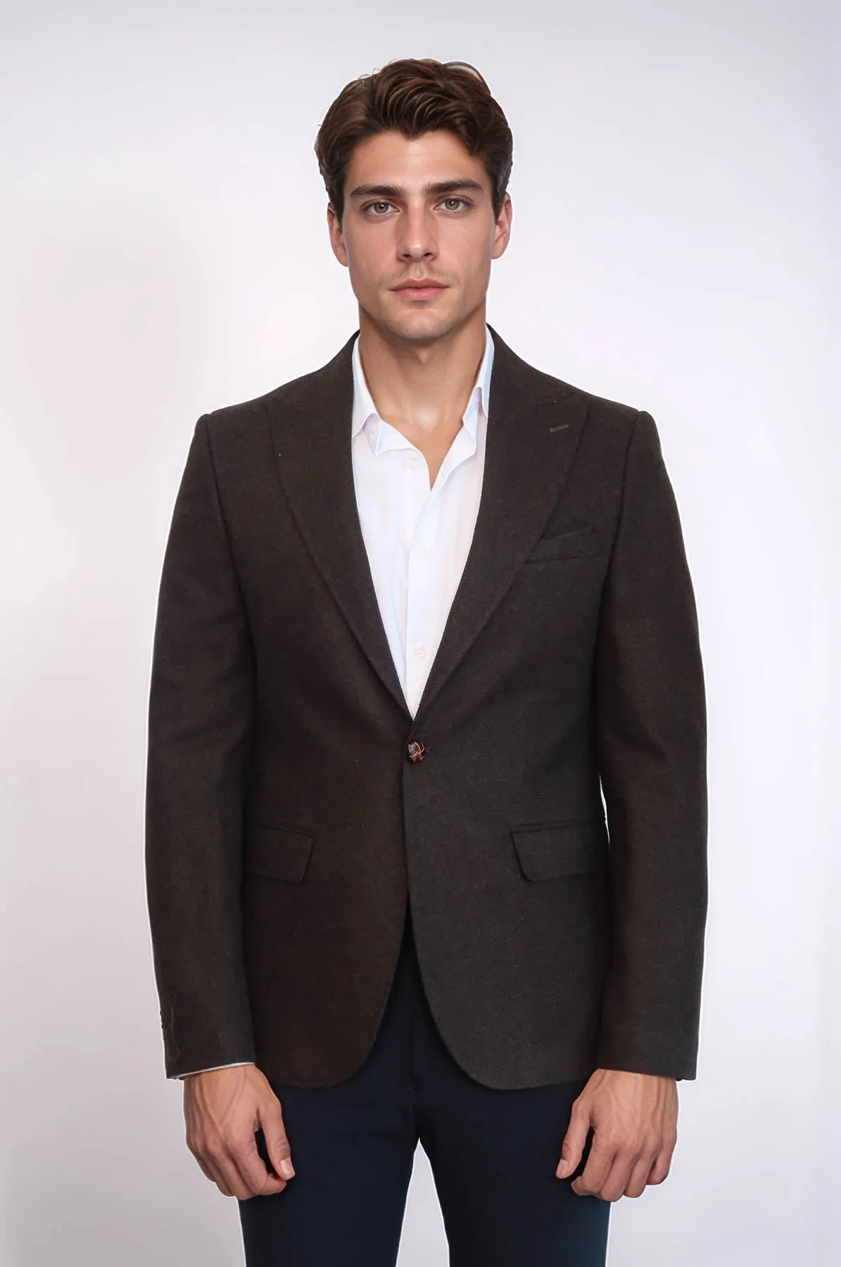 Single Button Pointed Wide Collar Brown Blazer - Wessi