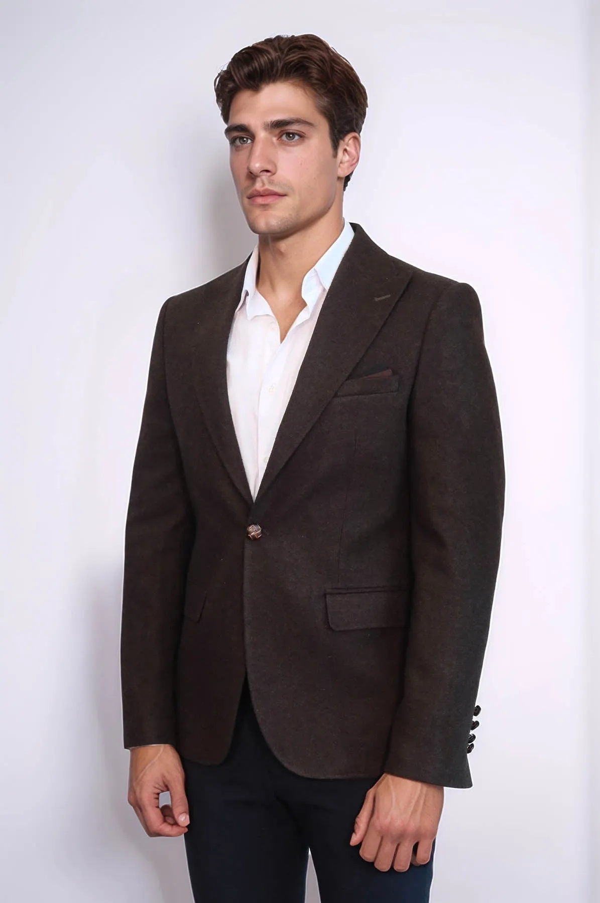 Single Button Pointed Wide Collar Brown Blazer - Wessi