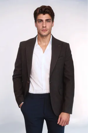 Single Button Pointed Wide Collar Brown Blazer - Wessi