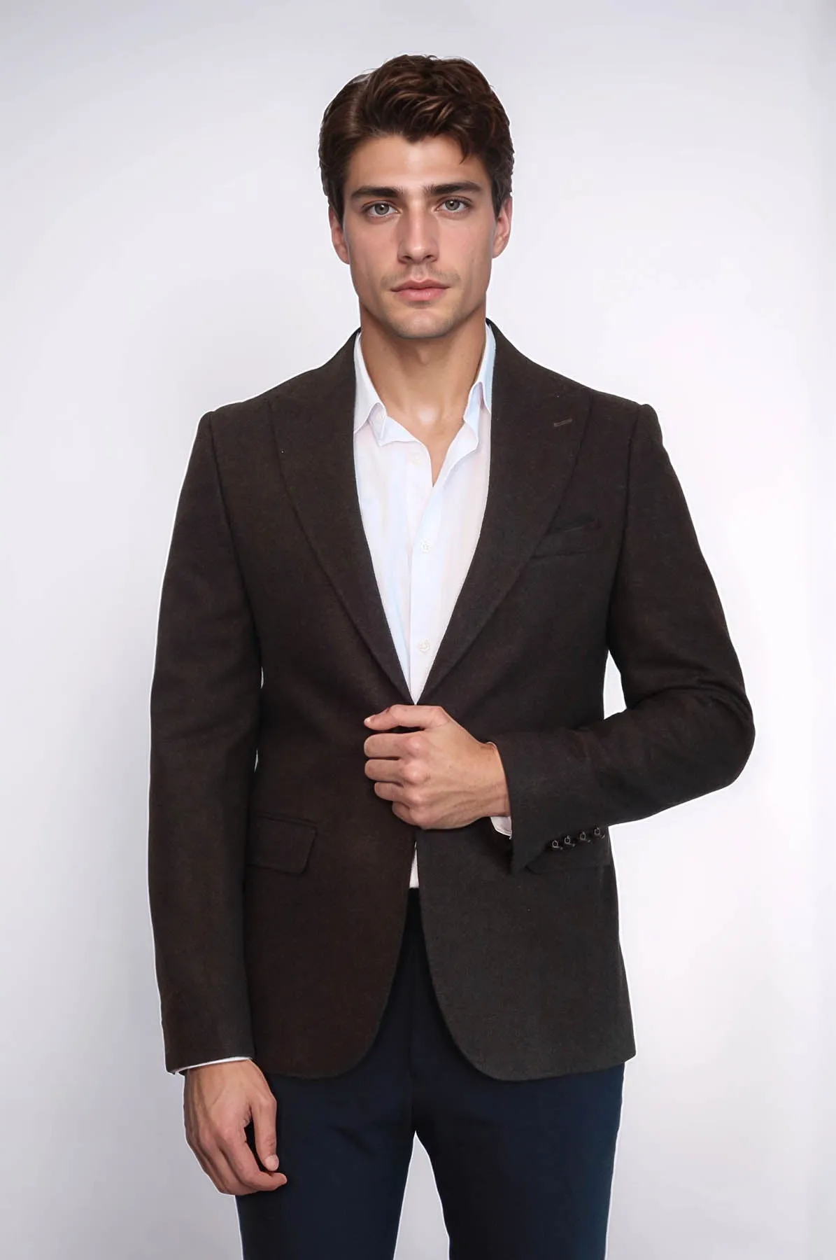 Single Button Pointed Wide Collar Brown Blazer - Wessi
