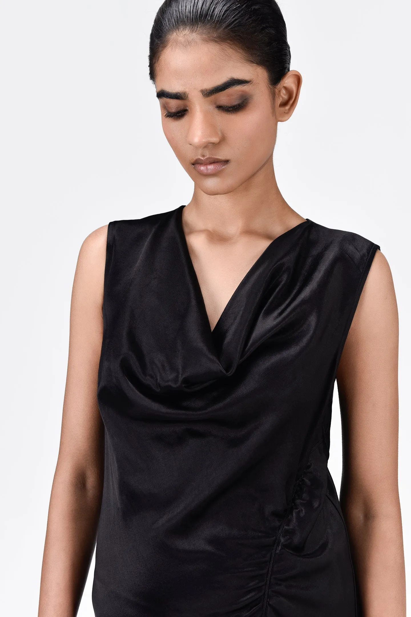 Sleek Heavy Satin Bias-Cut Dress Black