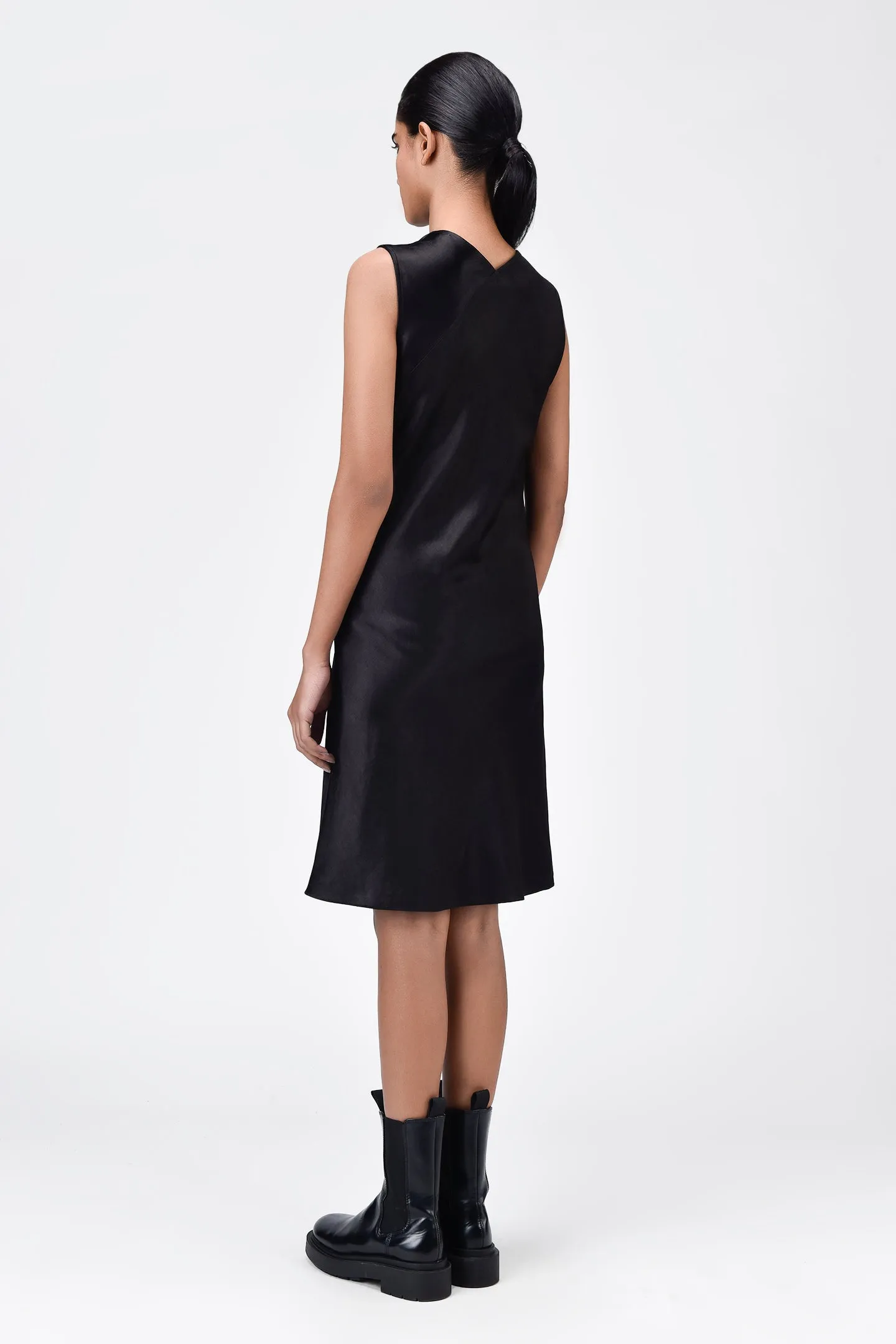 Sleek Heavy Satin Bias-Cut Dress Black