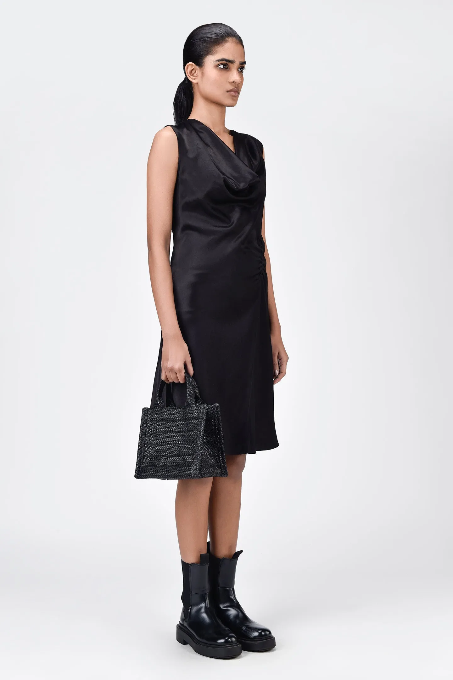Sleek Heavy Satin Bias-Cut Dress Black