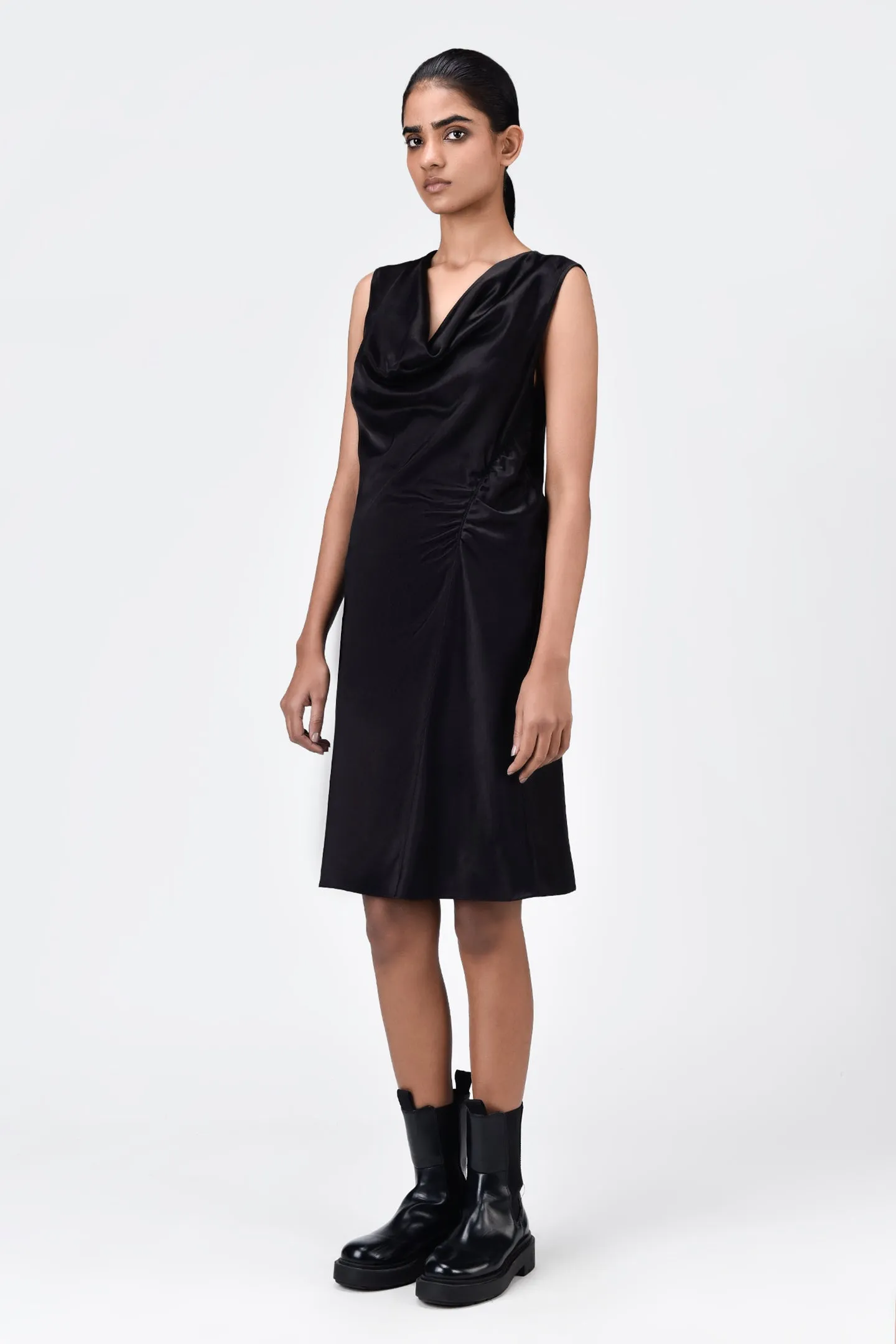 Sleek Heavy Satin Bias-Cut Dress Black