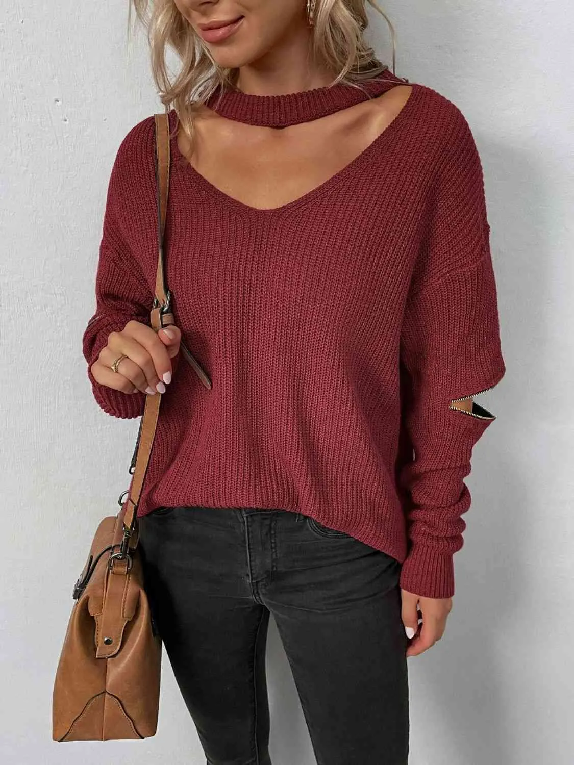 Sleek Seduction Cut-Out Sweater with Zip-Up Detail and Choker
