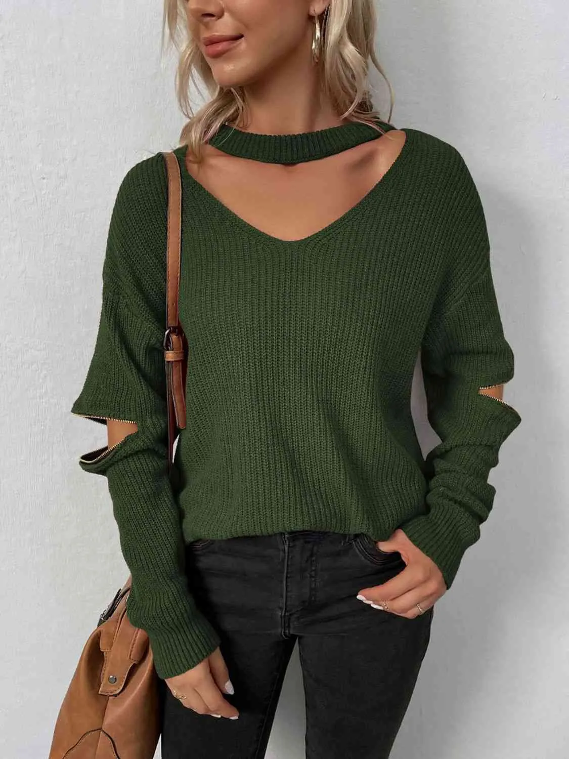Sleek Seduction Cut-Out Sweater with Zip-Up Detail and Choker