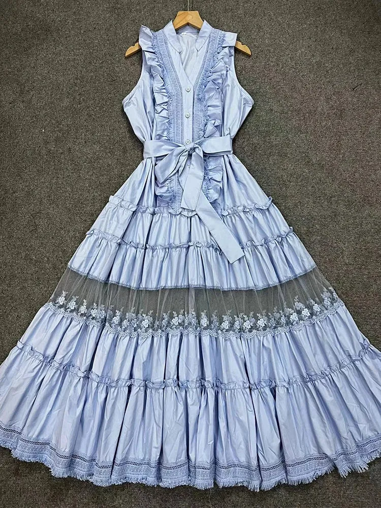 Sleeveless Ruffle V Neck Patchwork Lace Hollow Maxi Dresses