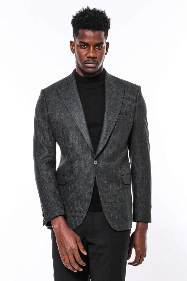 Slim Fit Patterned Dark Green Men Blazer - Wessi