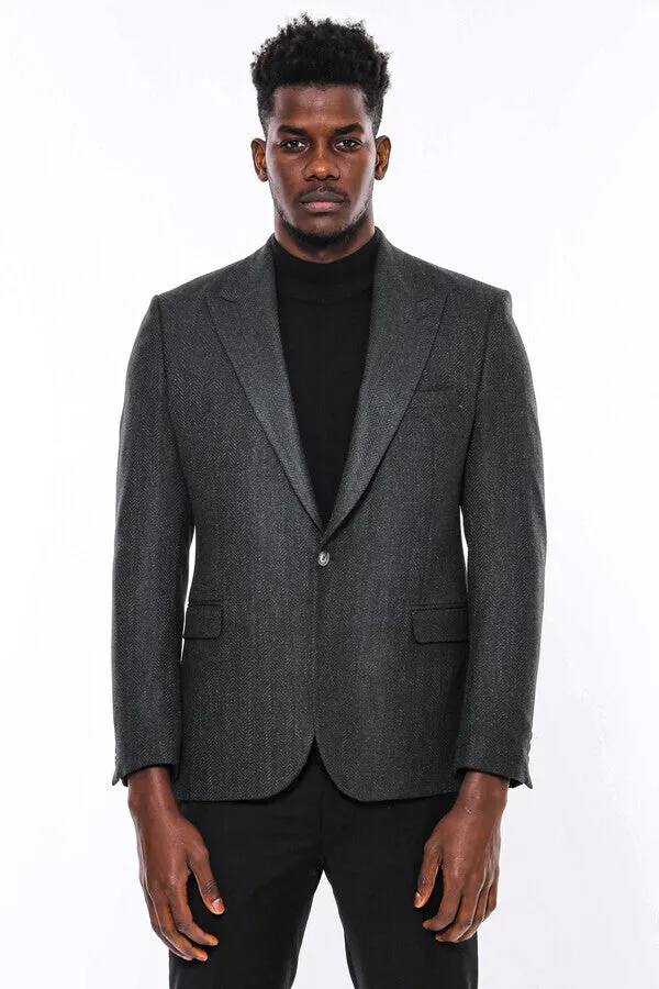 Slim Fit Patterned Dark Green Men Blazer - Wessi