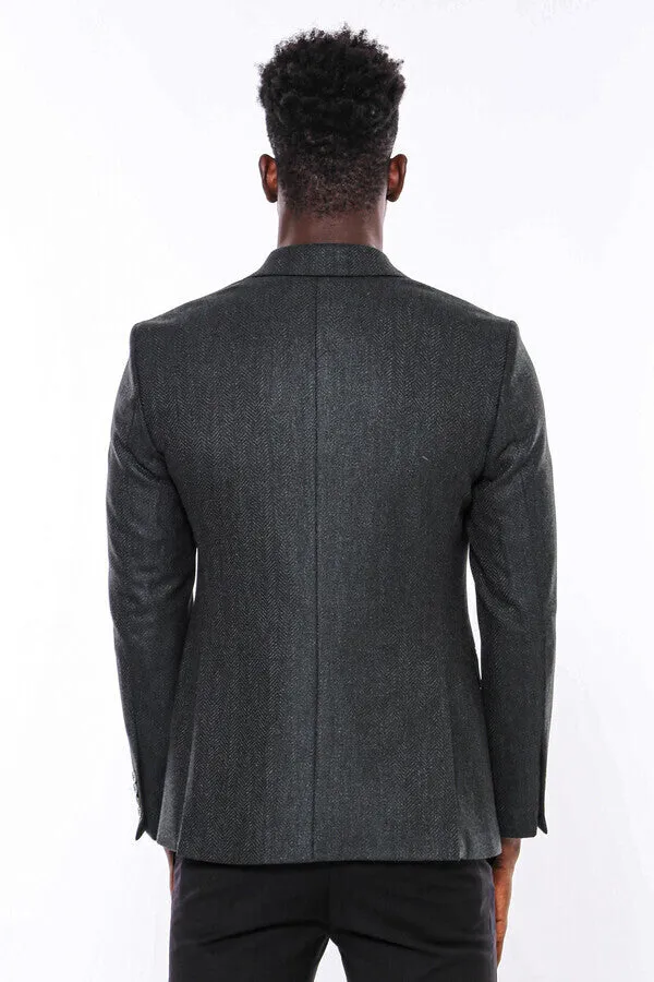 Slim Fit Patterned Dark Green Men Blazer - Wessi